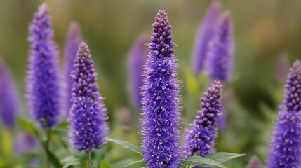 Obraz premium Close-up of vibrant purple flowers in a garden setting, showing detail and texture.