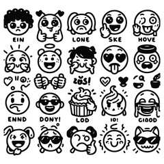 vector set emoticon doodle art simple line style black white