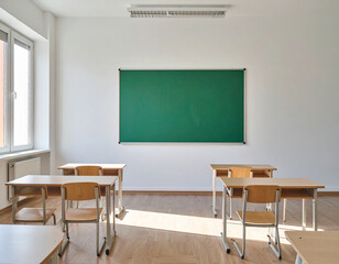 Aesthetic class room with green board and morning bright from windows