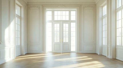 Fototapeta premium Sunlit empty room with large windows and white walls.