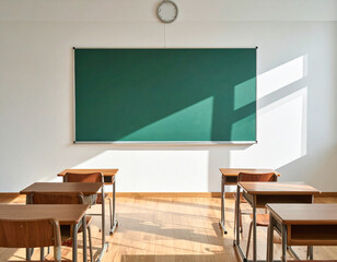 Aesthetic class room with green board and morning bright from windows