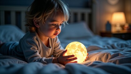 Curious child gazing at a glowing moon lamp in a cozy bedroom, enchanting bedtime moment