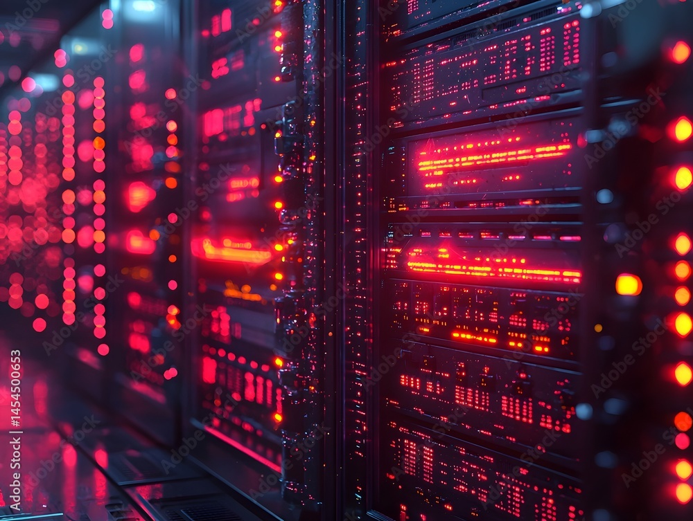 Poster futuristic server terminal glowing with data and cybersecurity monitoring