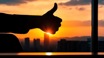 Plakat Silhouette of a hand giving a thumbs up at sunset over city skyline.
