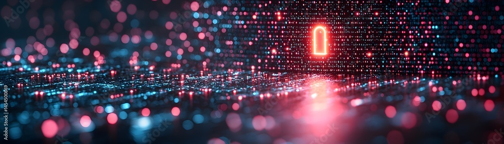 Poster glowing digital firewall blocking malicious data streams