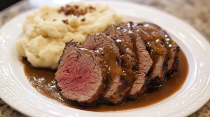 Sliced roast beef with mashed potatoes and gravy.