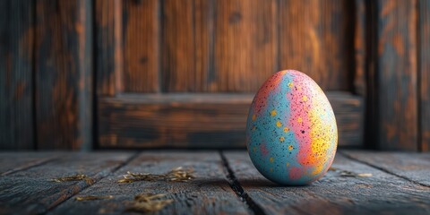 Creative hand-painted Easter egg displayed on a rustic wooden surface with vibrant colors and speckles