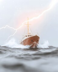 Obraz premium Wooden boat navigating stormy seas, lightning strikes nearby