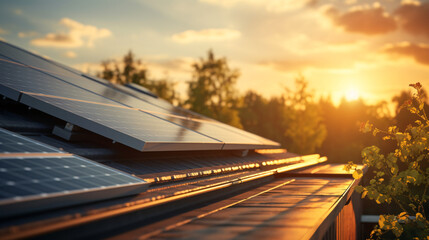 Solar photovoltaic panels installed on a residential roof under bright sunlight, producing clean and renewable energy&mdash;perfect for sustainability, eco-friendly living, and green power visuals.

