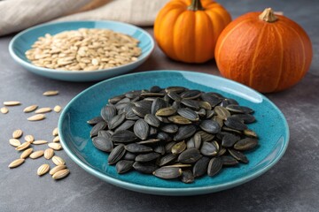 Naklejka premium Pumpkin and Sunflower Seeds Arranged on Blue Plates Generative AI