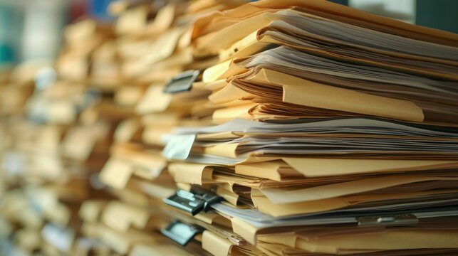 High stacks of manila folders and papers overflowing a desk.
