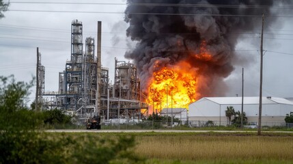 Large Industrial Fire at Oil Refinery Emits Thick Smoke and Bright Flames