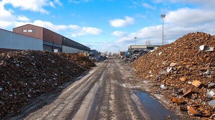 Sprawling scrap yard landscape with piles of recycled metal under bright sky