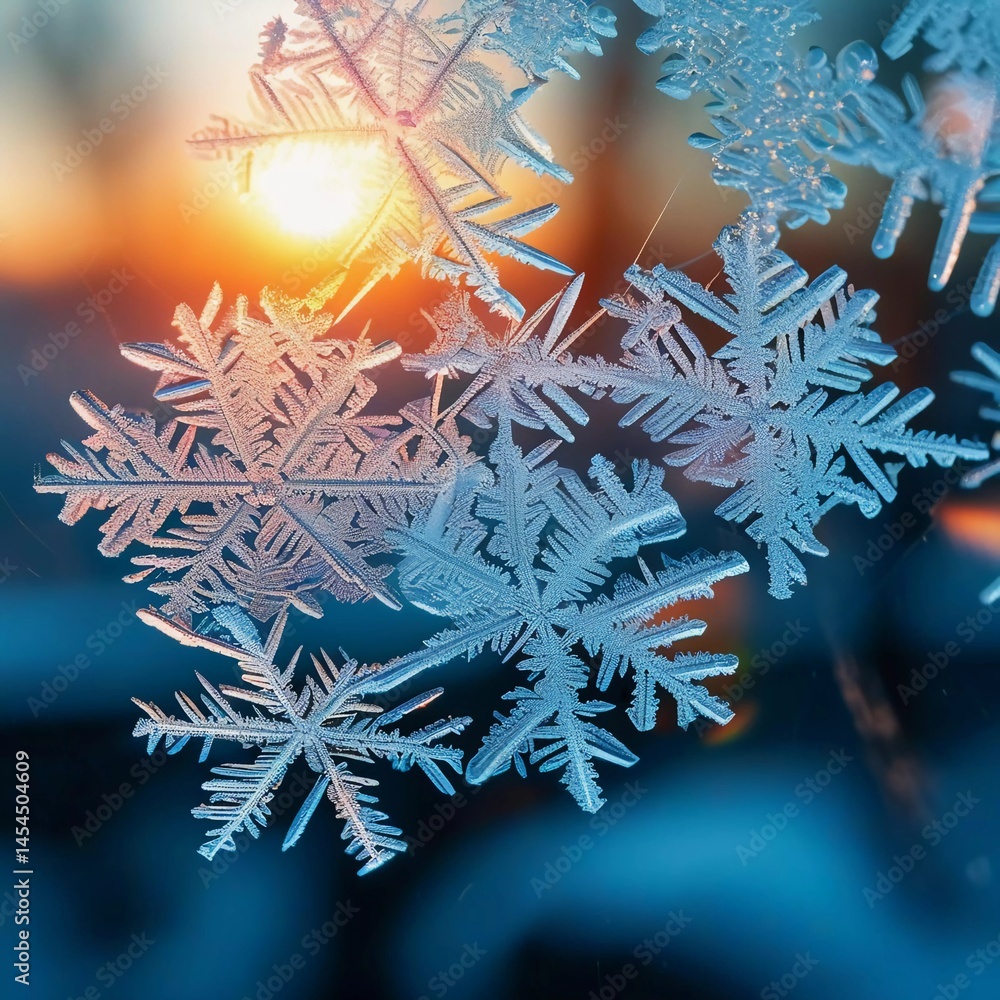 Poster frost patterns twinkle on a glass window, revealing a stunning display of snowflakes as the sun sets