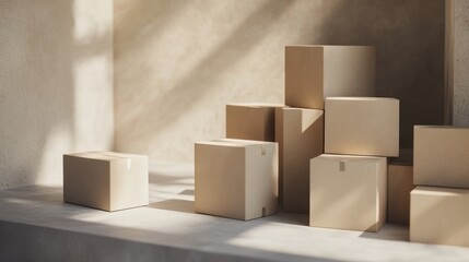Stack of cardboard boxes in sunlit room.