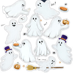 set of halloween ghosts stickers. Cute ghost with pumpkin pie. Ghost on broomstick. Happy Halloween set. Halloween clipart. Without background m. 