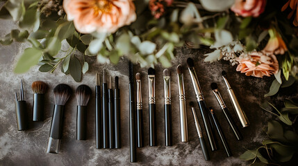 Elegant beauty tools collection with floral accents for artistic applications