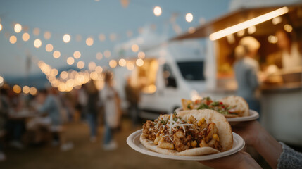 Food truck festival showcasing delicious plates under festive lights  