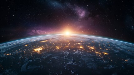 Earth's sunrise from space, lit cities