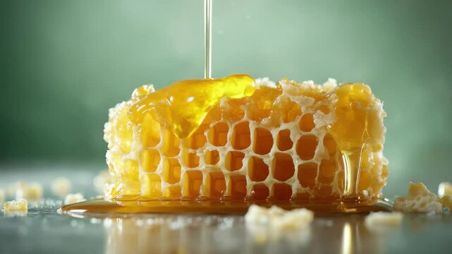 Honeycomb with honey dripping from it. The honeycomb is made of wax and has a honeycomb pattern. The honey is dripping from the honeycomb, creating a sticky mess. Concept of sweetness and indulgence