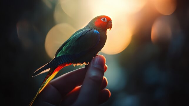 A small parrot perched on a hand at sunset