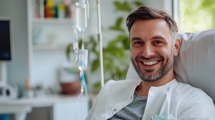 Smiling man in hospital gown receiving IV treatment.