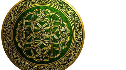Ornate, circular design with interwoven, golden Celtic knotwork on a vibrant green background.