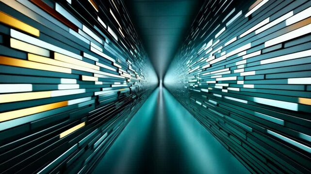 Abstract corridor with perspective view of teal, gold, and silver rectangular blocks in a futuristic design with a glossy texture