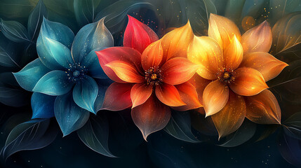Obraz premium Three vibrant, glowing flowers in blue, red, and orange hues.