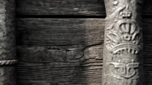 Close-up studio shot of a collection of antique metal swords and their ornately decorated handles against a rustic wooden wall.