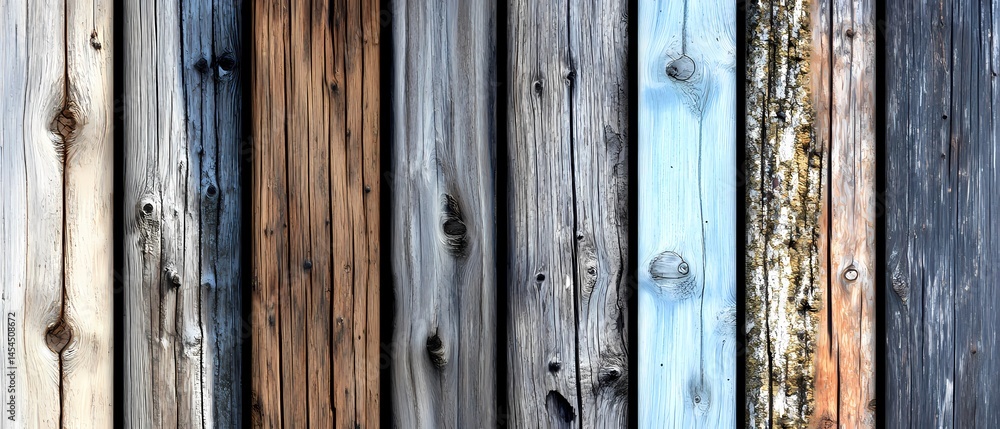 Aufkleber a close-up view of weathered wooden planks showcasing various textures and colors in a rustic settin