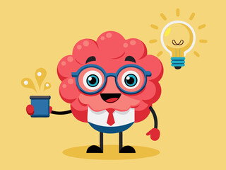 Happy Brain Character with Coffee and Idea Light Bulb