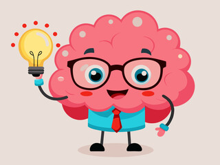 Happy Brain Character Holding a Light Bulb Idea