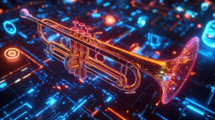 Fototapeta premium Golden trumpet digital art, futuristic circuit background