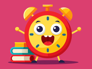 Happy Cartoon Alarm Clock Character with Stack of Books