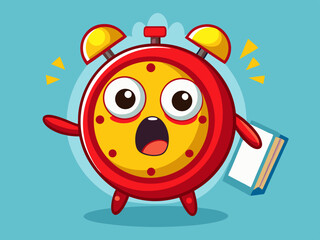 Surprised Alarm Clock Cartoon Character Holding a Book