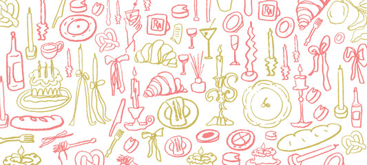 Isolated vector set of hygge cozy homedecor. Decor. Candles, food, restaurant, dishes, baguette, candelabra, France, breakfast, wine, bow, cutlery. Menu and decoration of the party. Hand drawn doodles