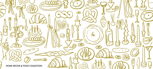 Isolated vector set of hygge cozy homedecor. Decor. Candles, food, restaurant, dishes, baguette, candelabra, France, breakfast, wine, bow, cutlery. Menu and decoration of the party. Hand drawn doodles