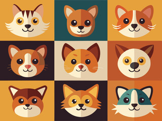 Fototapeta premium Nine Adorable Flat Design Pet Faces Cats and Dogs