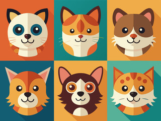 Six Adorable Cat Faces Flat Design Illustrations