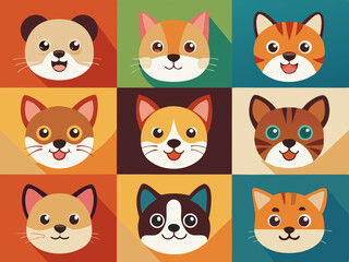 Nine Adorable Cartoon Animal Faces in a Colorful Grid
