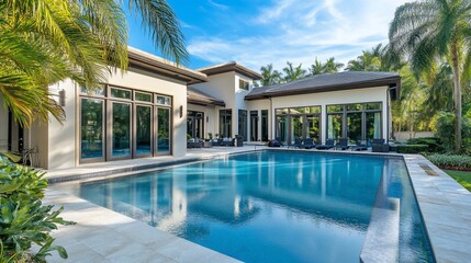 Fototapeta premium Luxury Home Oasis: Exquisite Residence with Sparkling Pool and Tropical Scenery