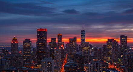 Fototapeta premium Magnificent city skyline with dramatic sunset illuminating the urban landscape