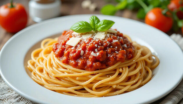 Italian spaghetti pasta with red sauce made from fresh tomatoes, garnished with herbs and cheese, clean white plate, high-resolution. - Powered by Adobe
