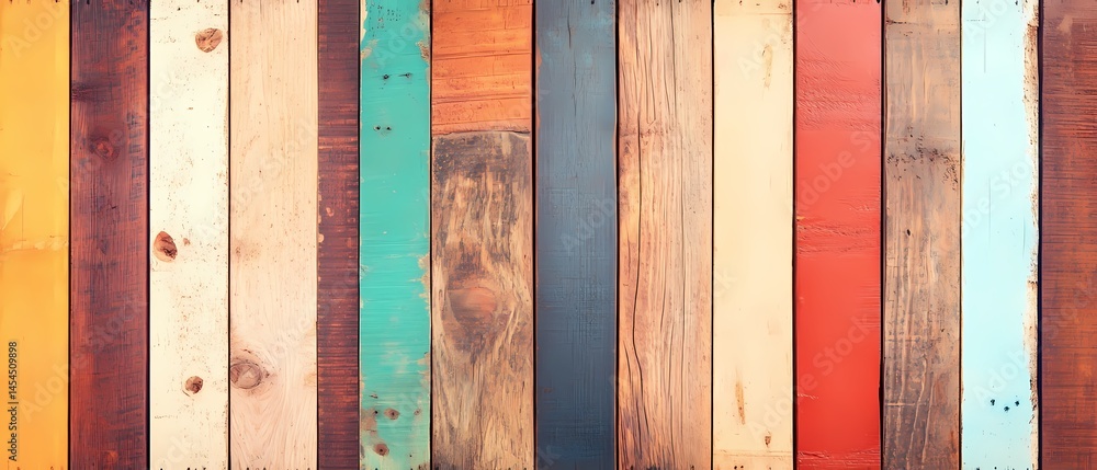 Poster colorful wooden planks arranged in a vibrant pattern, creating a rustic and artistic backdrop