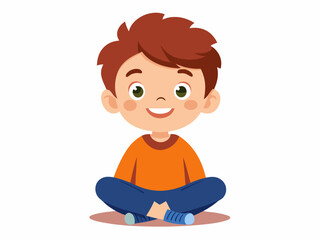 Happy Little Boy Sitting Cross Legged Wearing Orange Shirt and Blue Pants