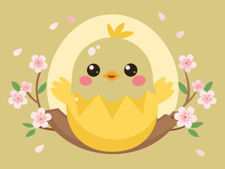 Adorable Baby Chick Emerging from Eggshell with Spring Blossoms