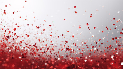 Red and silver falling foil confetti with glitter dust on a grey gradient background for a festive celebration.