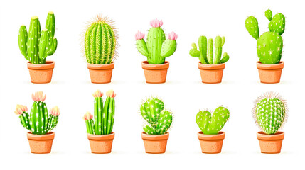 indoor cacti collection in decorative pots on white background