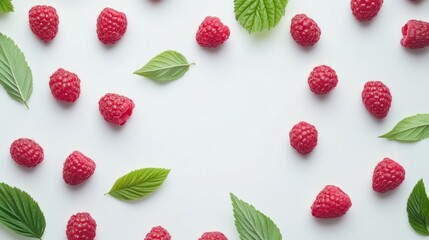 Flat lay of raspberries and leaves forming a frame on white background.